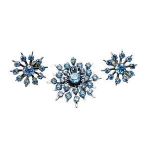 Vintage Blue Crystal Starburst Brooch and Screw Back Earring Set, Demi Parure